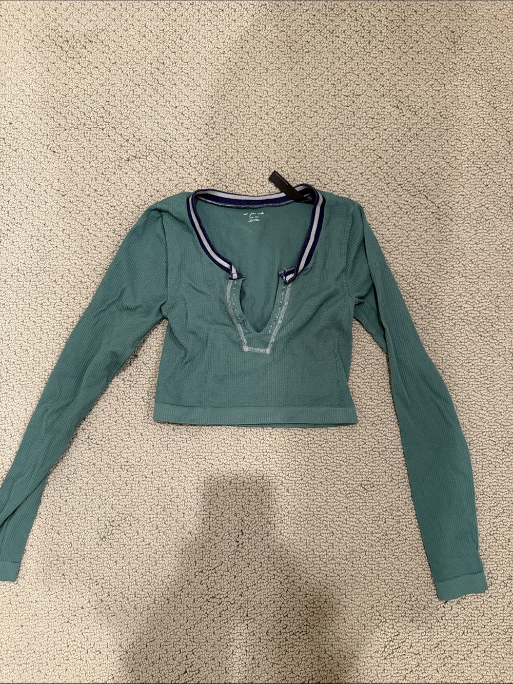 Urban Outfitters Teal Ribbed Long-Sleeve Cropped Top with Navy Trim